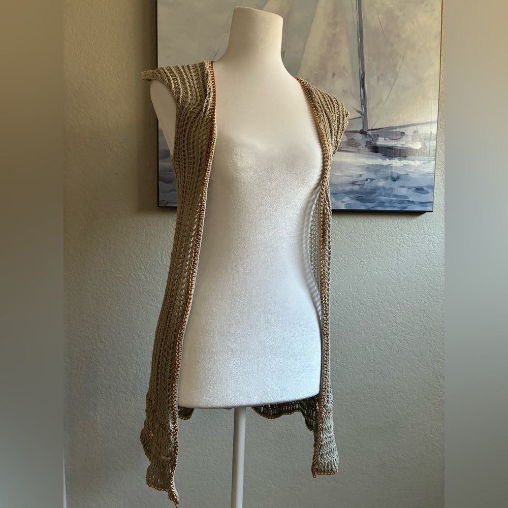 Arden B Taupe Open-Front Crochet Gold Chain Cardigan